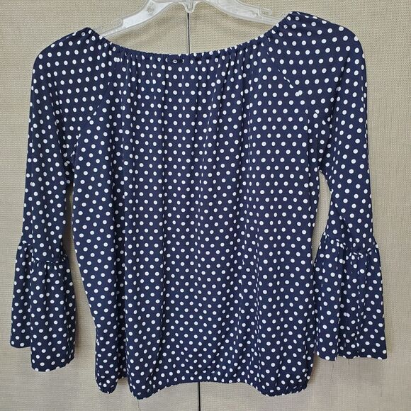Michael Kors Navy Polka Dot Elastic Waist Bell Sleeve Blouse Size PL - Picture 4 of 7